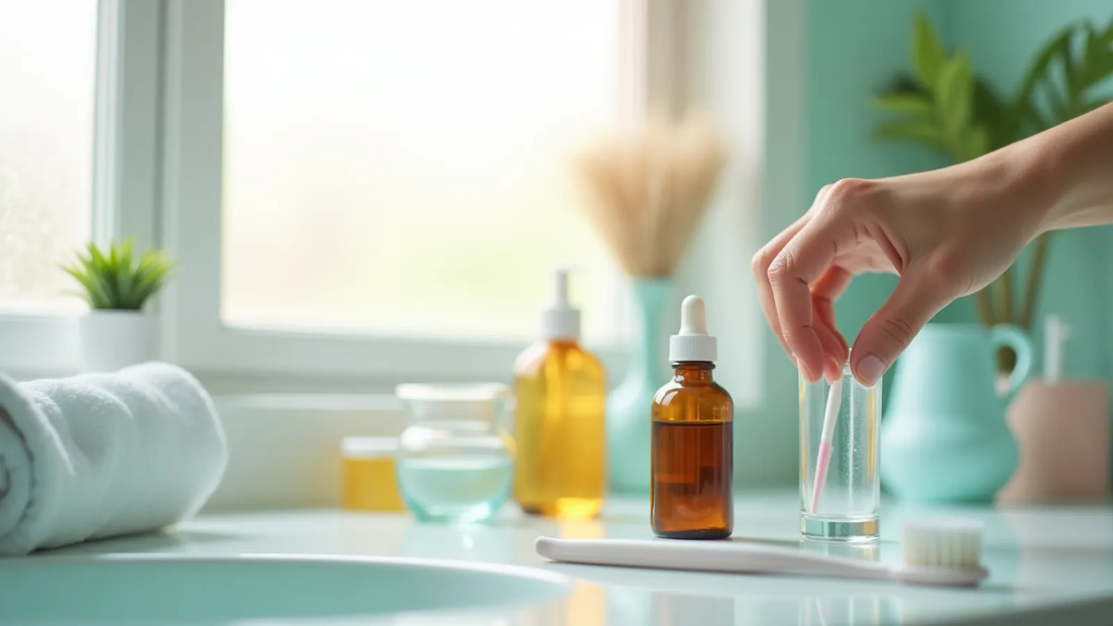 Hand placing alcohol free mouthwash bottle on a calm bathroom counter beside a water glass