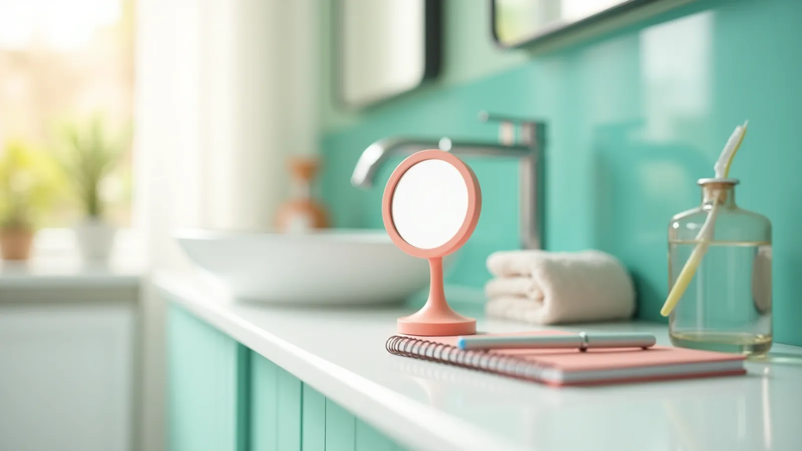 Small mirror, blank notebook, pen, and water glass on a calm bathroom counter.