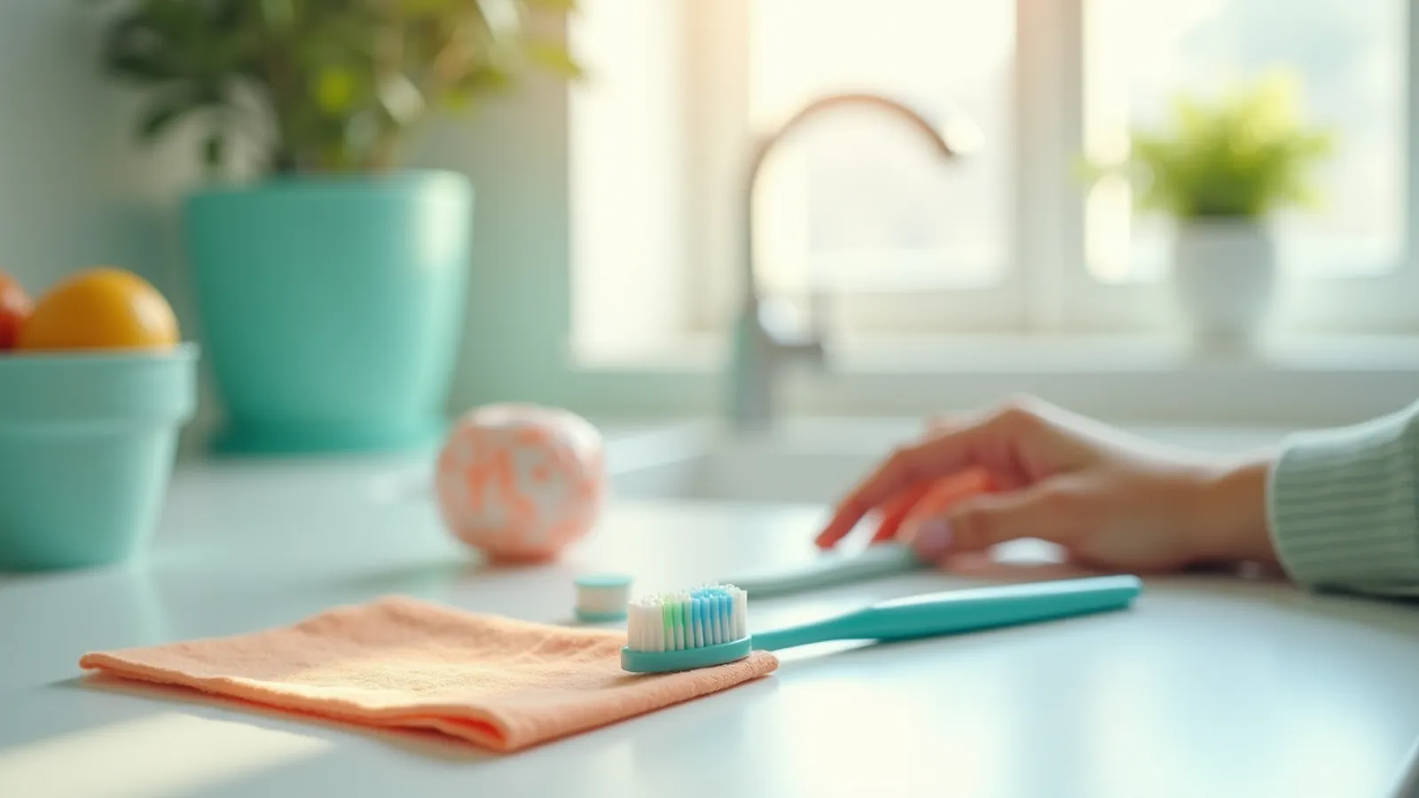 Angled toothbrush and floss beside a face-down mirror on a kitchen table for gumline care.