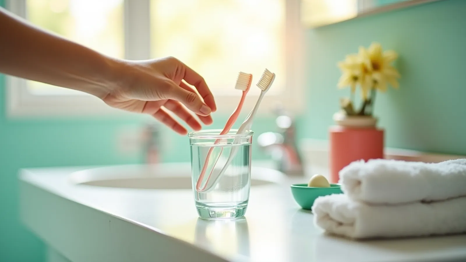 A hand reaching for an angled toothbrush on a sunlit bathroom counter, back molar teeth care.