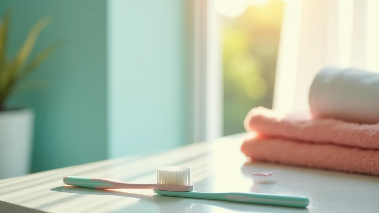Toothbrush, floss and folded towel on a calm bathroom counter, bad breath after brushing article.