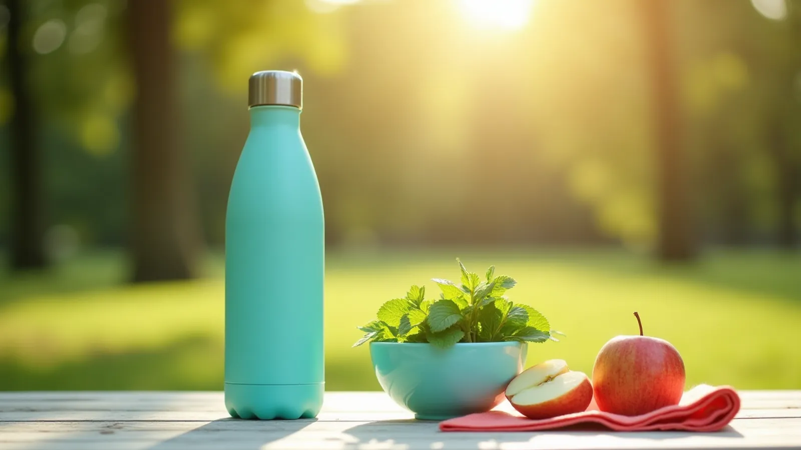 A teal water bottle, fresh mint and apple slices on a sunny park picnic table