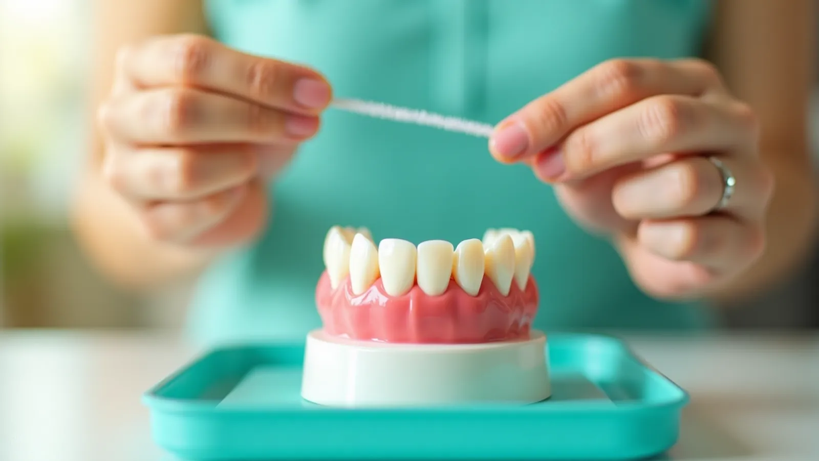 Hands guiding floss in a C shape around a tooth on a dental teaching model