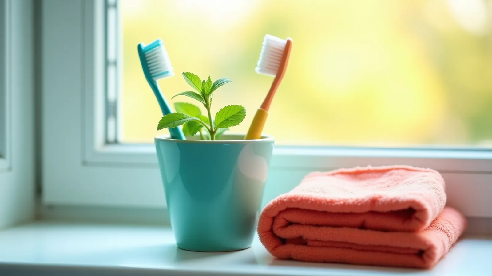 Bleeding gums care: two soft toothbrushes and a small mint plant in a teal cup by a sunny window, beside a coral towel
