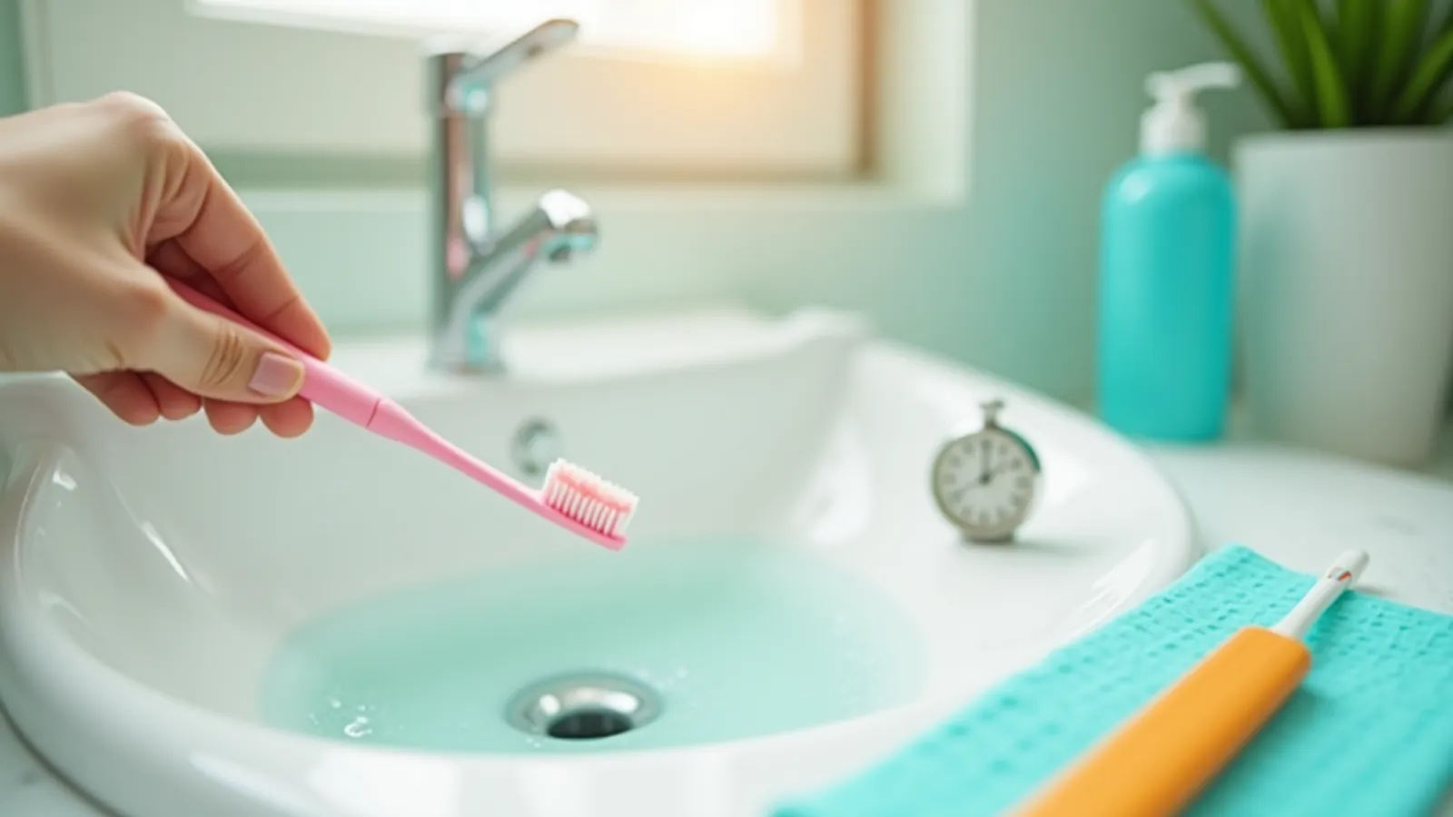 Hand holding a soft toothbrush at an angle beside a sink and timer