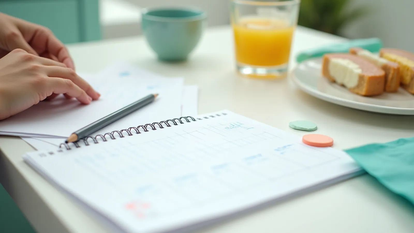 Blank paper planner with check marks, pencil and water glass on kitchen table