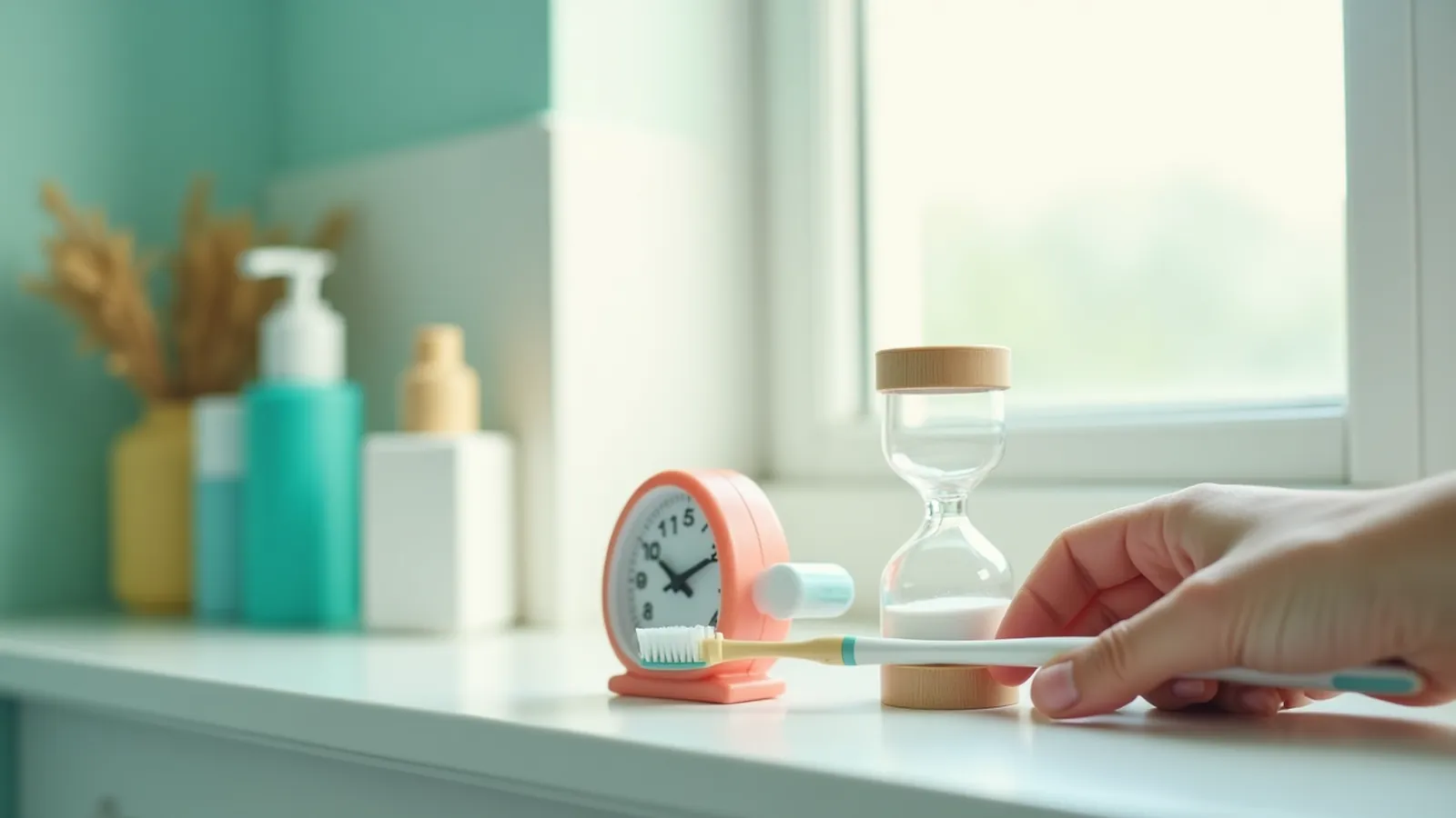 Hands arranging a fresh toothbrush and floss on a bathroom shelf