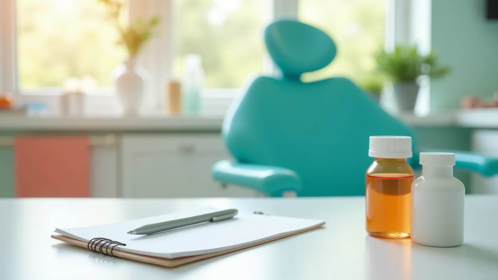 A blank notepad and supplement bottle on a dental office desk in soft light.