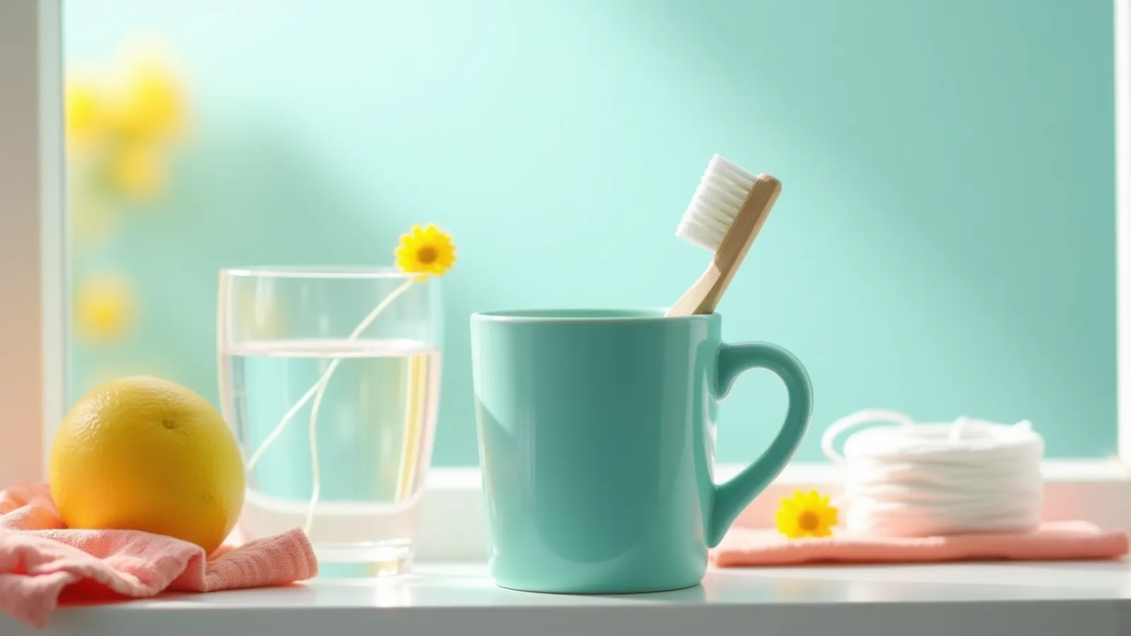 A soft toothbrush in a teal cup, floss and water on a sunny windowsill
