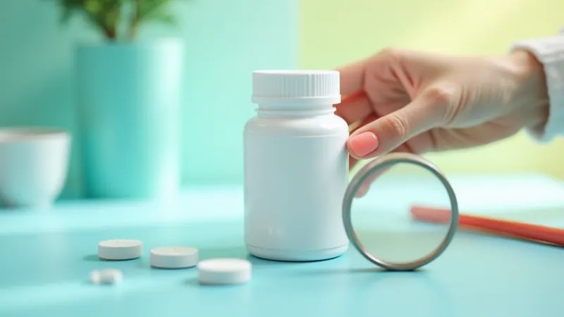 A plain supplement bottle with a blank label under a magnifying glass, three white tablets beside it.