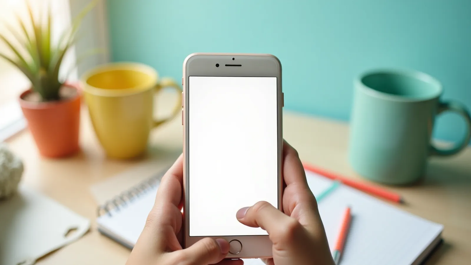 Hands with a phone and an open notebook on a desk, planning a dental visit