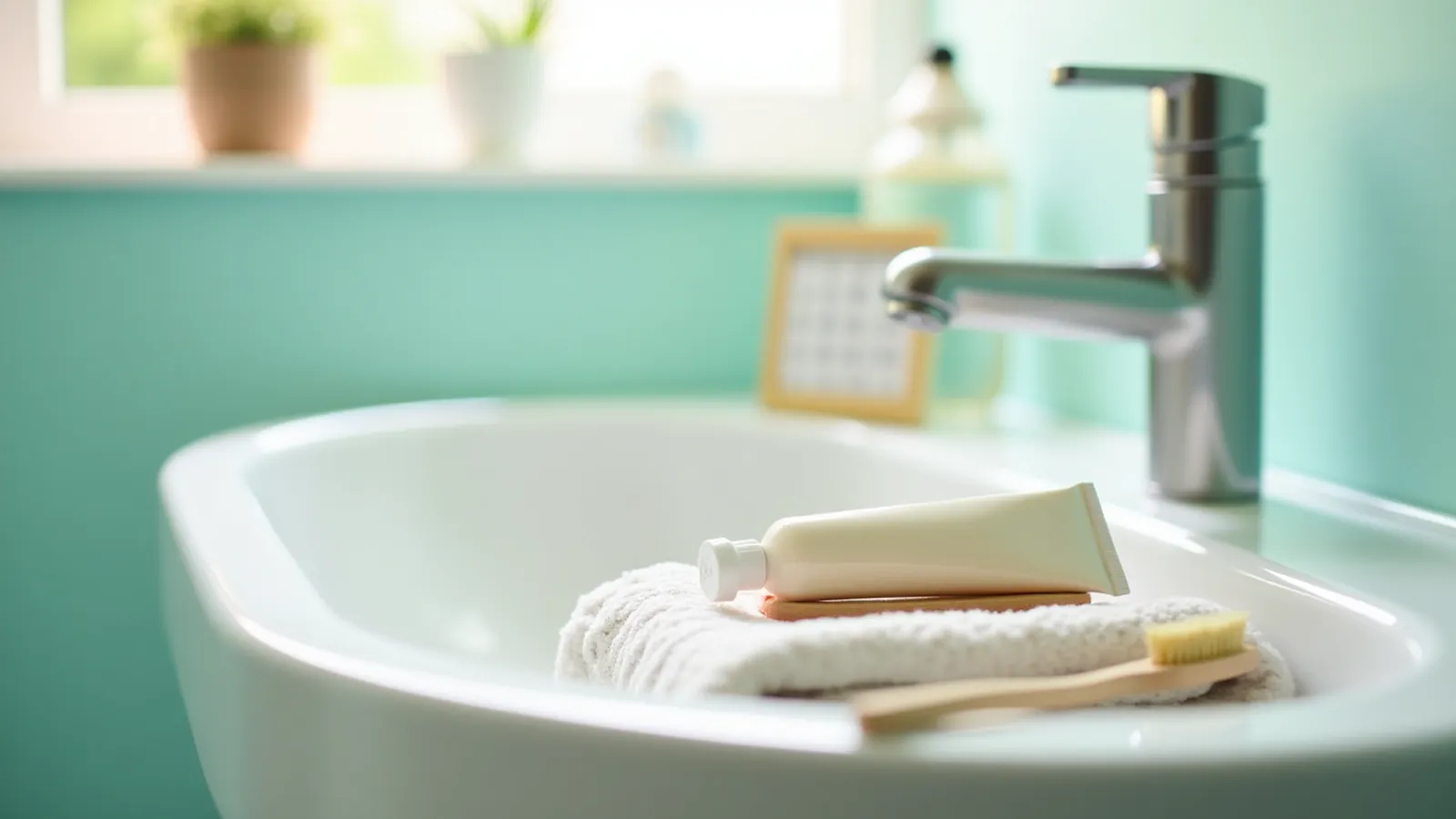 A desensitizing toothpaste tube and soft toothbrush on a folded bathroom towel in morning light