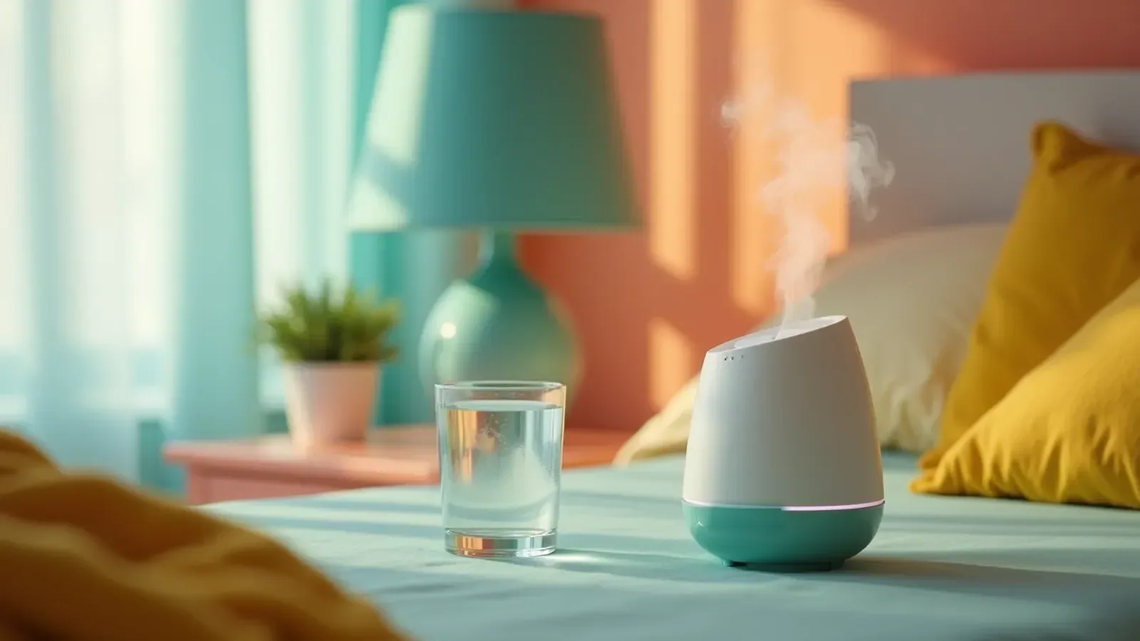 A glass of water and a small humidifier on a nightstand at dusk