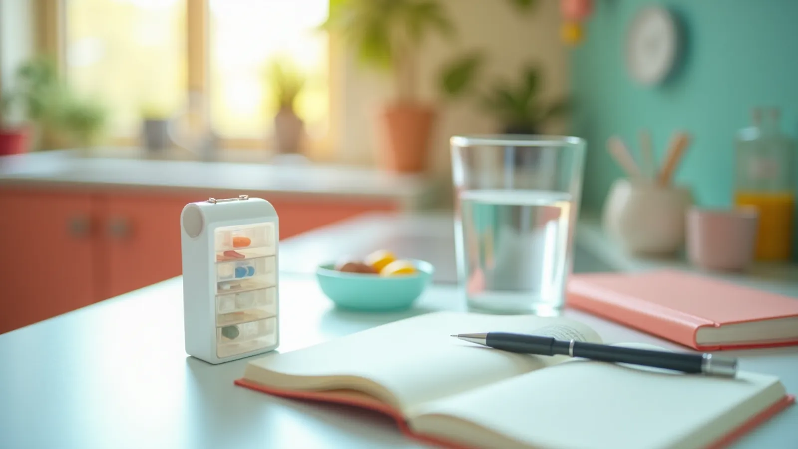 A closed weekly pill organizer, a glass of water and a notebook on a kitchen counter