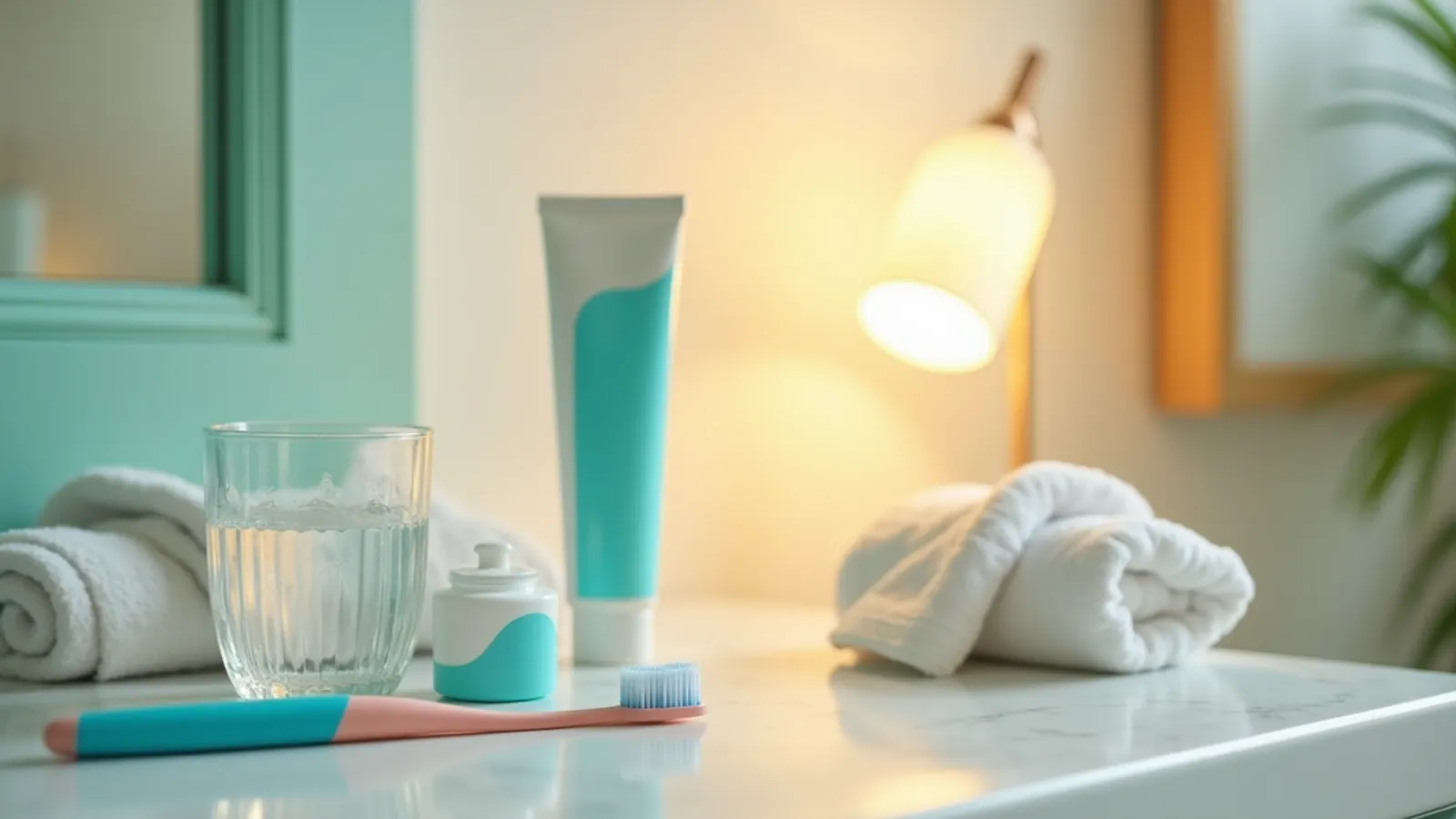 A dry mouth night routine set out on a calm bathroom counter with water and toothbrush.