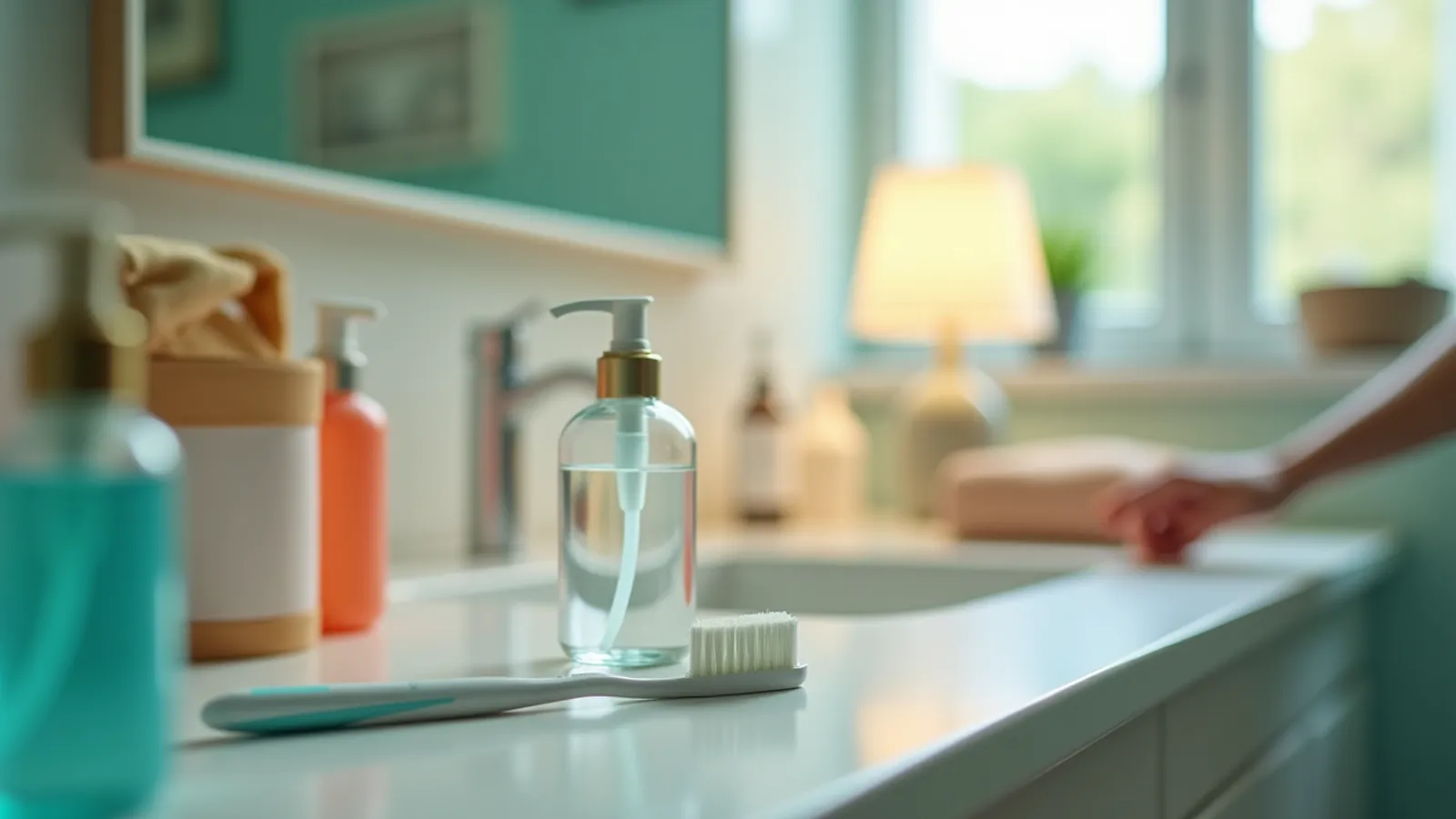 Night bathroom counter with water glass and toothbrush for dry mouth and cavity prevention
