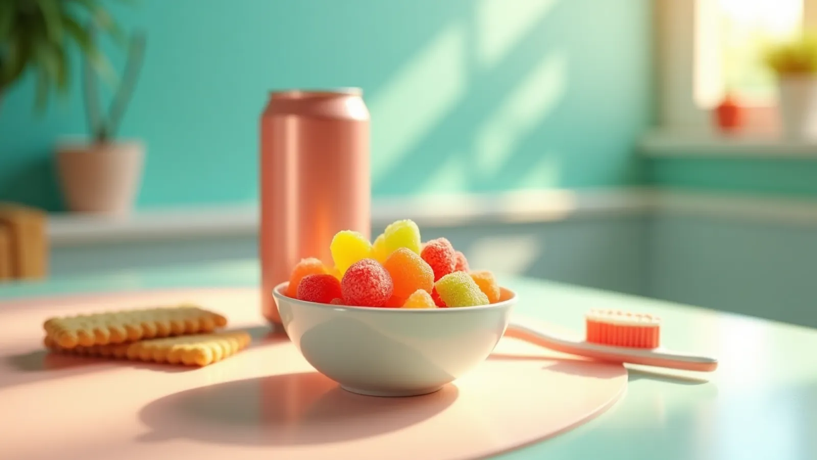 Gummy candies, an unlabeled soda can and a biscuit beside a toothbrush on a sunny table