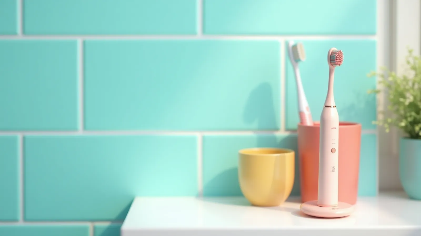 An electric toothbrush on its charger beside a manual toothbrush in a coral cup