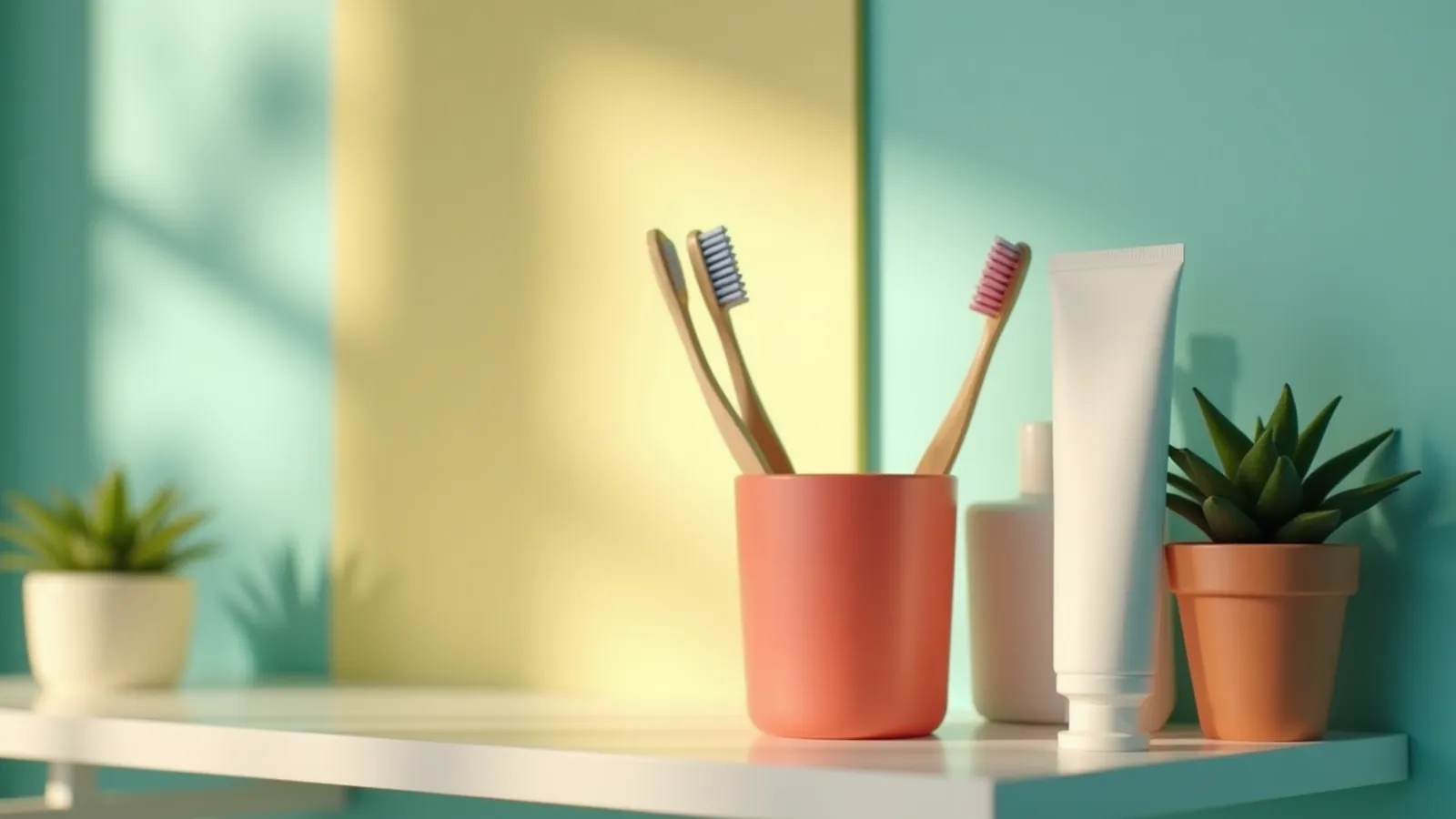 A toothbrush in a coral cup and an unlabeled toothpaste tube on an evening bathroom shelf