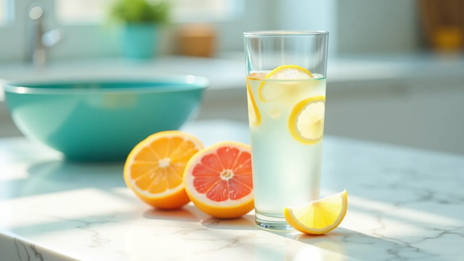 A glass of water next to sliced citrus fruit on a bright kitchen counter