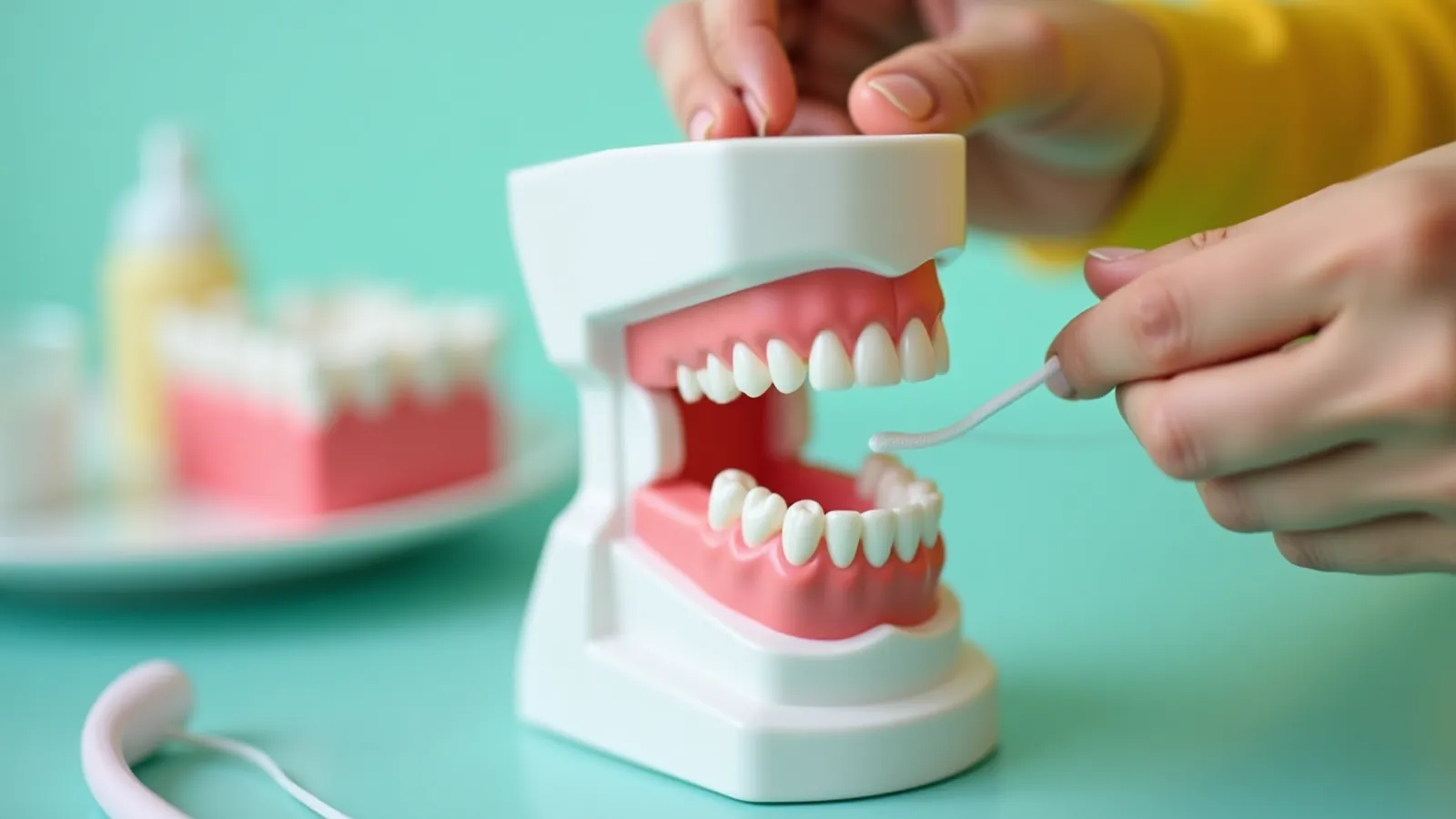 Two hands guiding floss around a tooth on a white dental teaching model