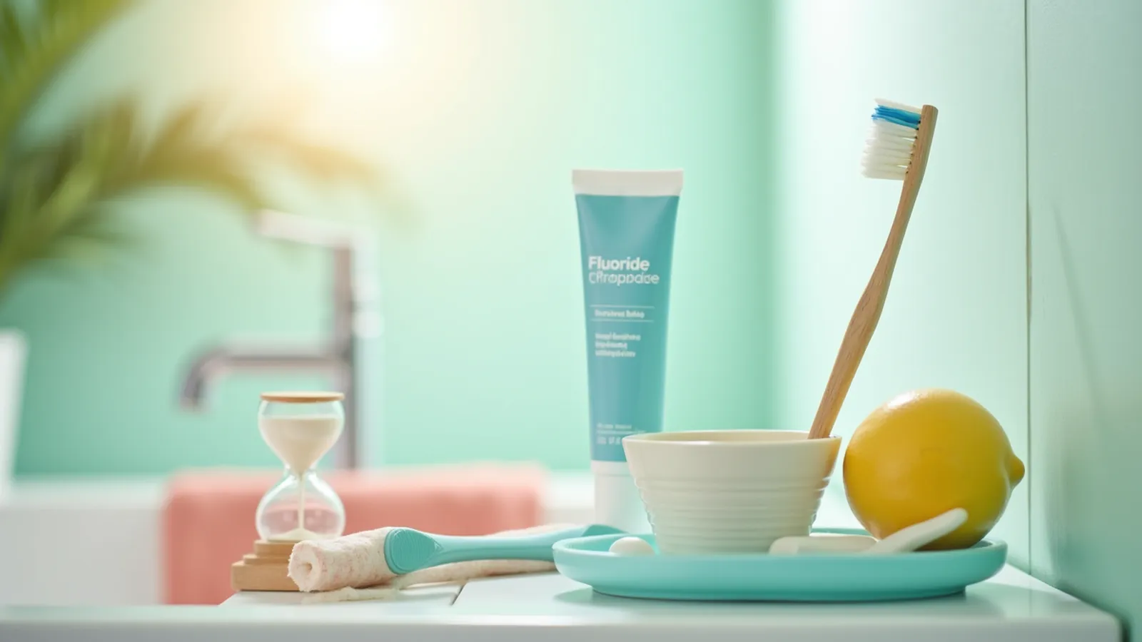 Fluoride toothpaste tube, toothbrush, hourglass, and dish on a softly lit bathroom shelf.