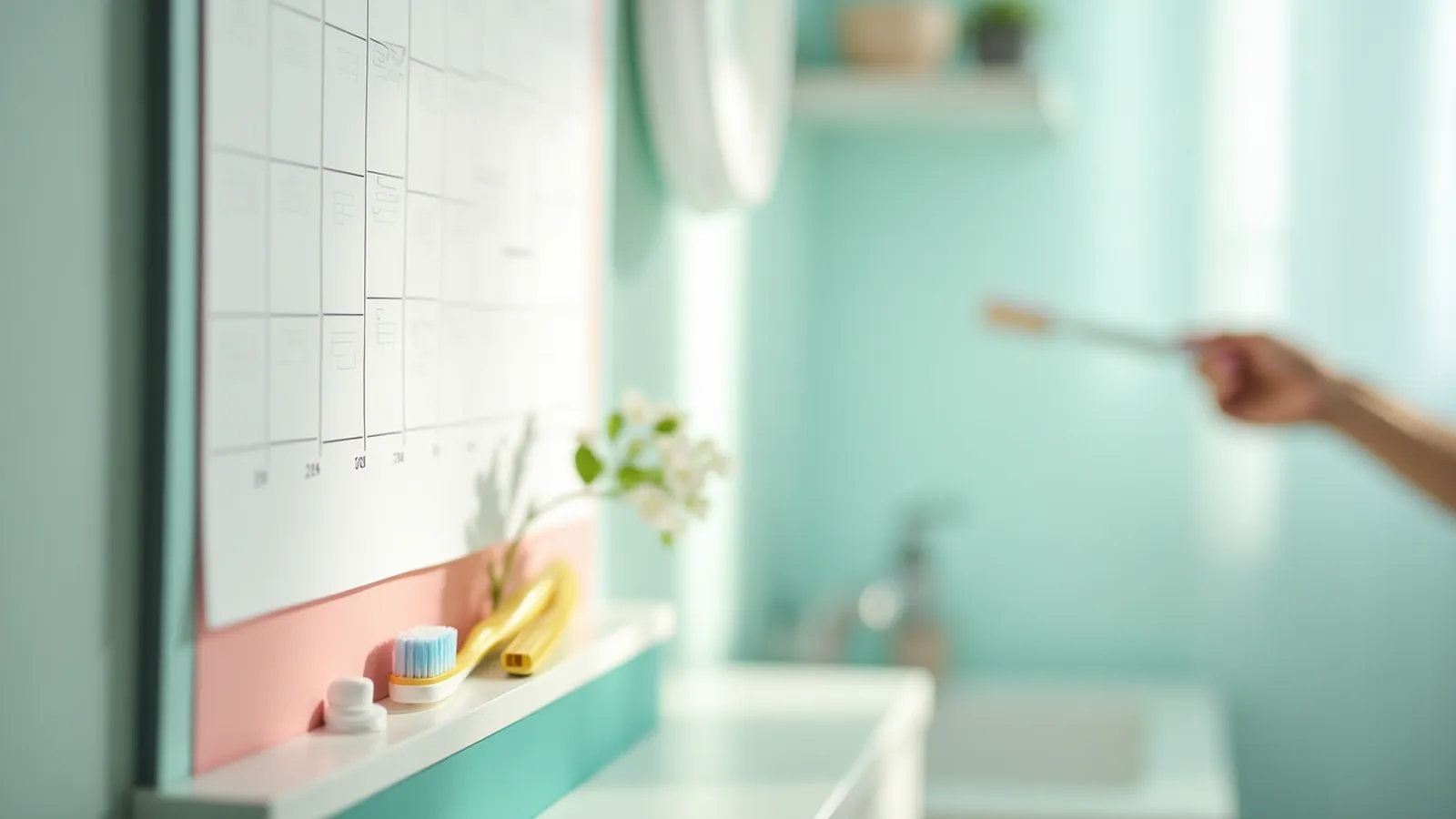 Hand turning blank calendar pages beside floss and toothbrush in afternoon light.