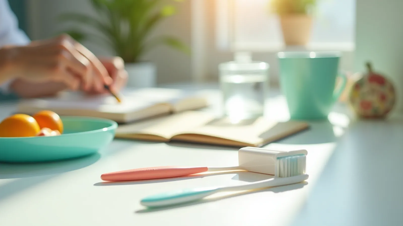 Toothbrush, floss and notebook on a sunlit kitchen table for food stuck in teeth care.
