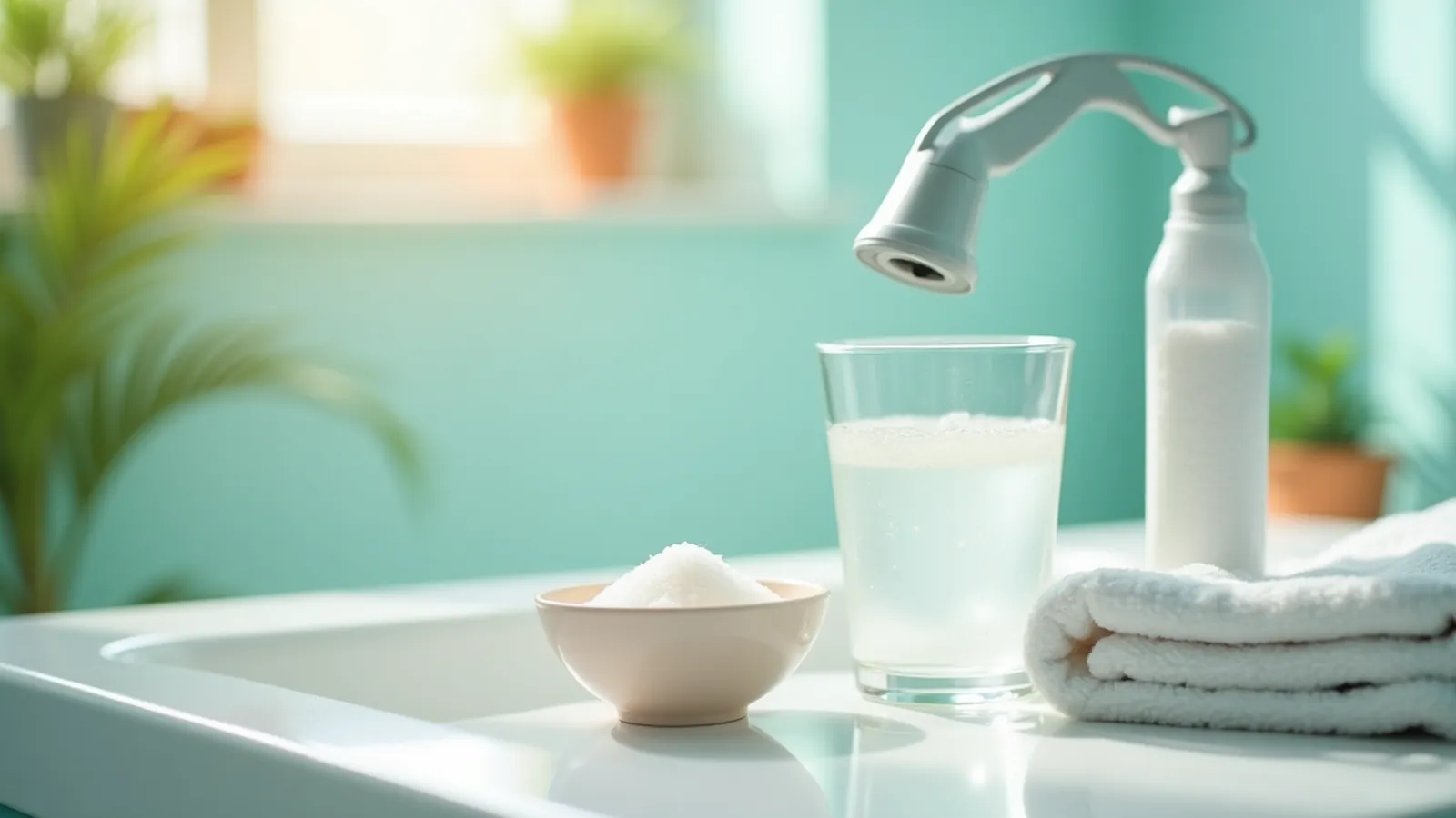 Glass of salt water, small salt bowl, unlabeled mouthwash bottle and towel by a bathroom sink.