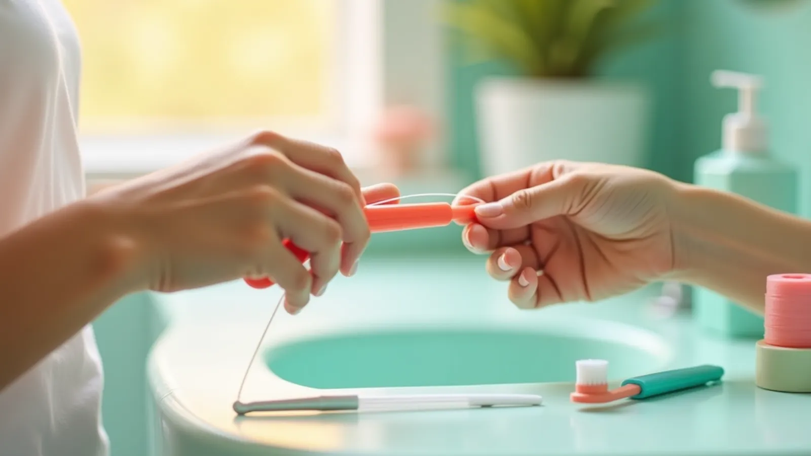 Hands curving floss gently around a finger beside a bathroom shelf