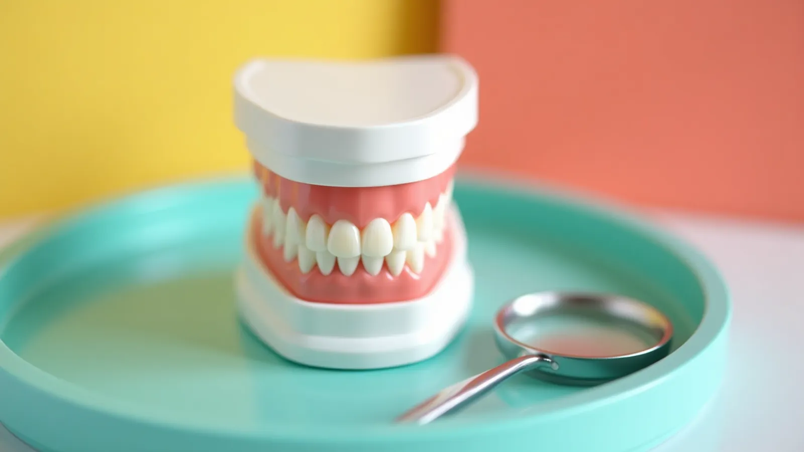A white dental teaching model of teeth and gums on a teal tray beside a magnifying glass