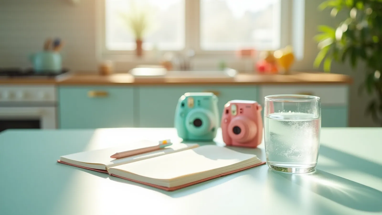 Blank notebook, pen, instant camera and toothbrush on kitchen table in morning light