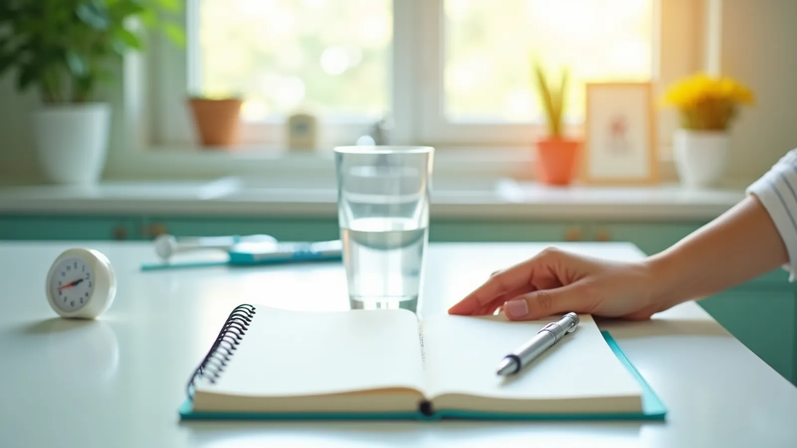 Blank notebook, pen, timer and water glass on a kitchen table in afternoon light