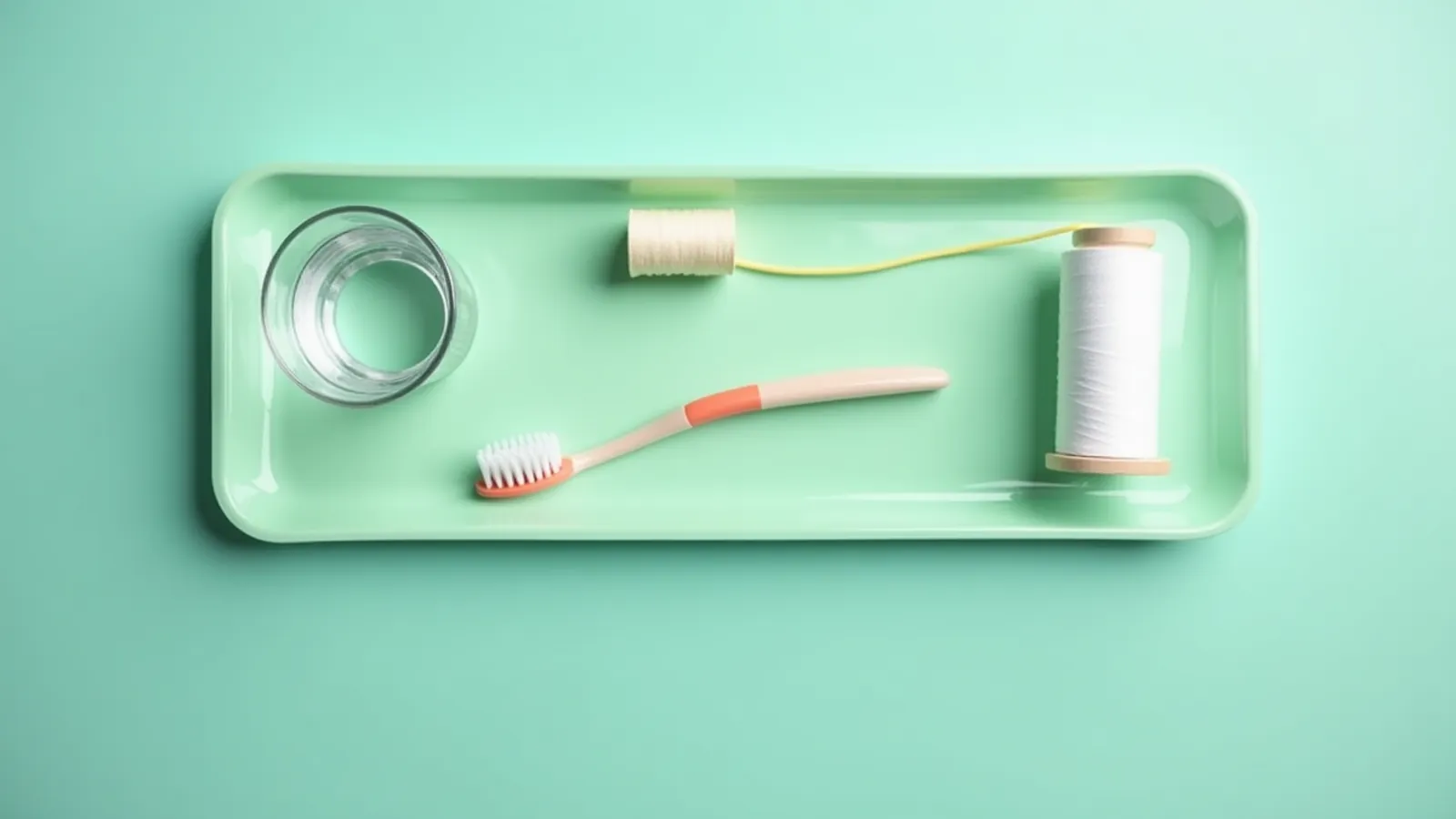 A toothbrush, two spools of floss and a glass of water on a mint tray