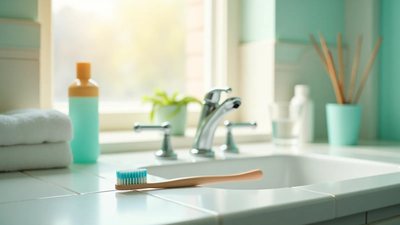 Toothbrush and toothpaste on a bathroom sink in soft morning light