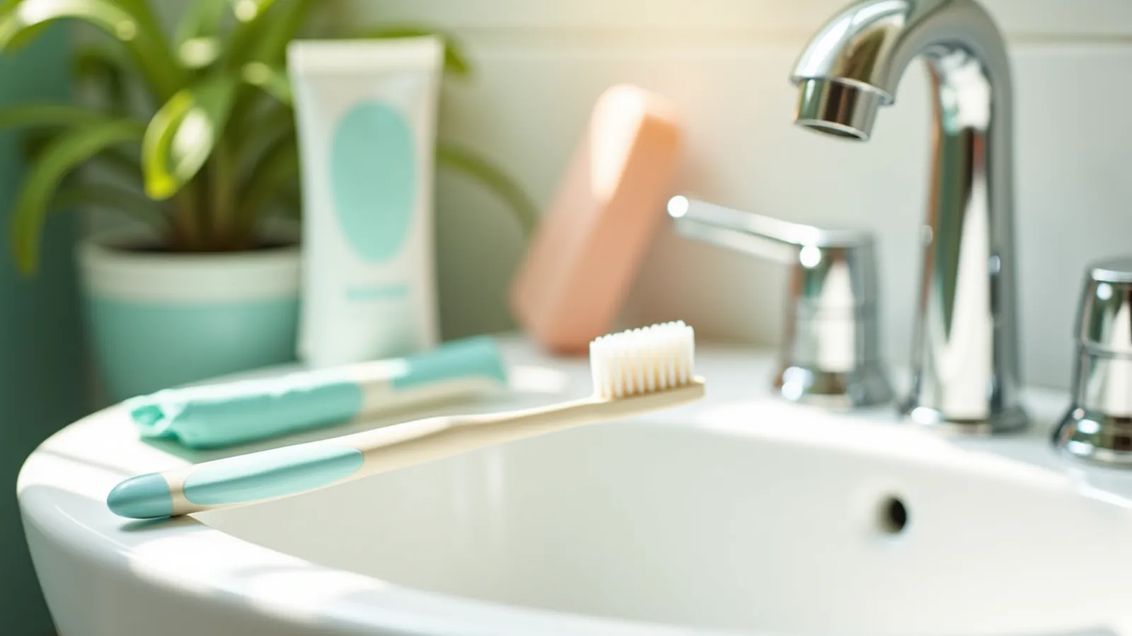 Soft toothbrush and toothpaste on a sunlit bathroom sink for healthy teeth basics