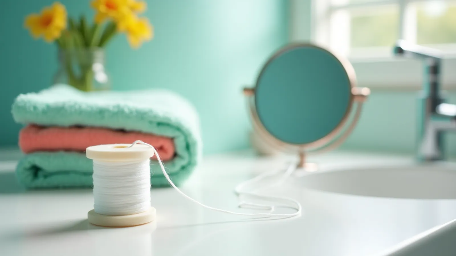 A spool of floss, a hand mirror and a mint towel on a bright counter
