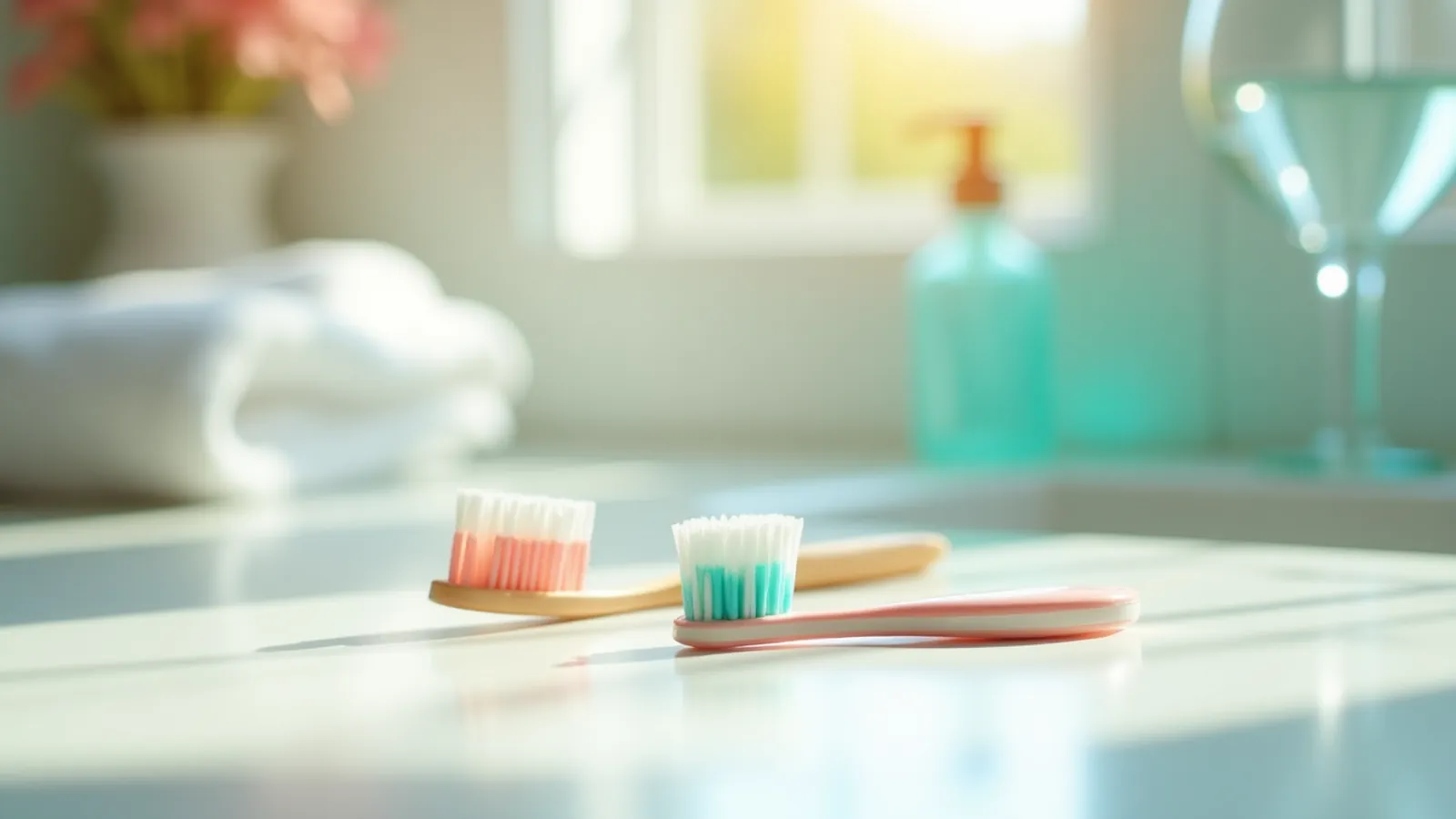 Interdental brushes and toothbrush on a sunlit bathroom counter for food stuck between teeth and gums