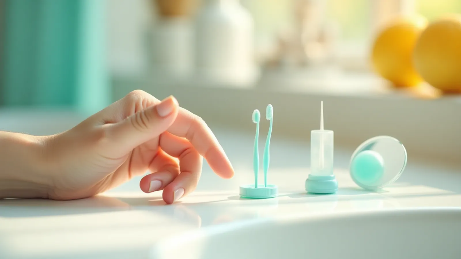 Hand arranging an interdental brush and floss pick in a neat row