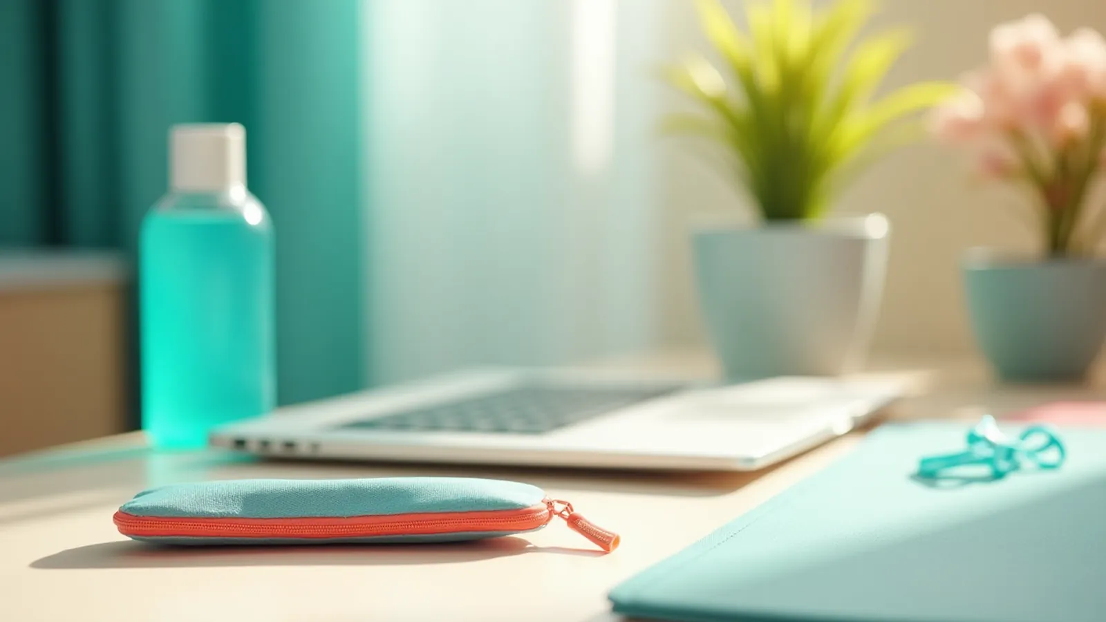 A pouch of interdental brushes and a water bottle on a tidy home office desk