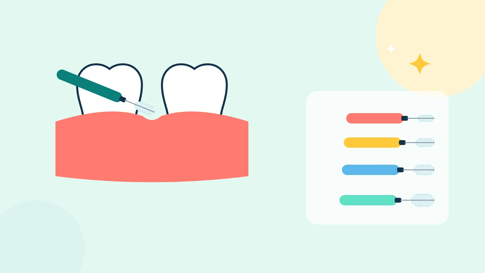 Illustration of an interdental brush cleaning the gap between two teeth at the gumline, with four brush sizes