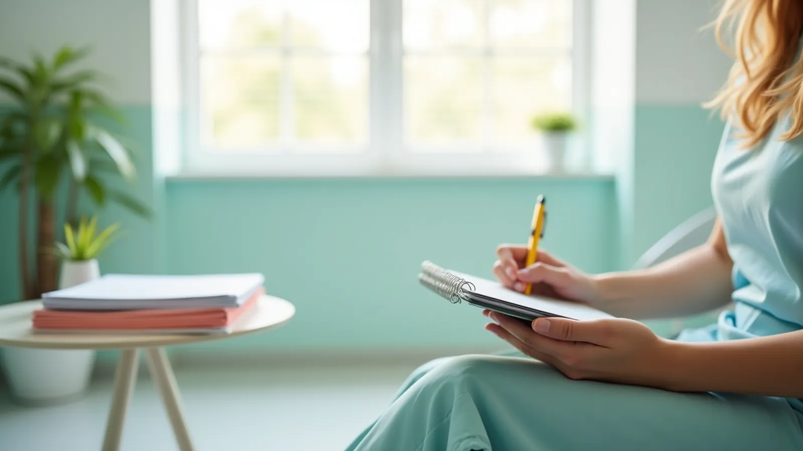 Hands holding a notepad and pen in a bright dental waiting room