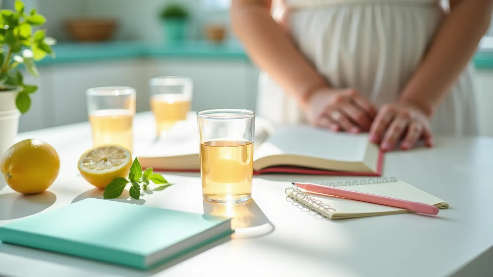 Several small cups of mouthwash, mint sprig and lemon slice on kitchen table