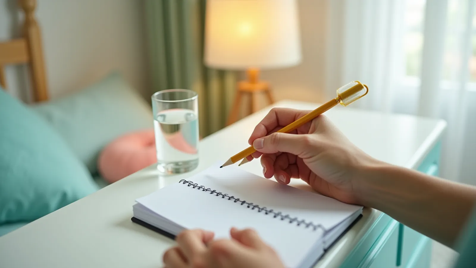 Hands arranging a blank notebook and water glass on a bedside table at night.
