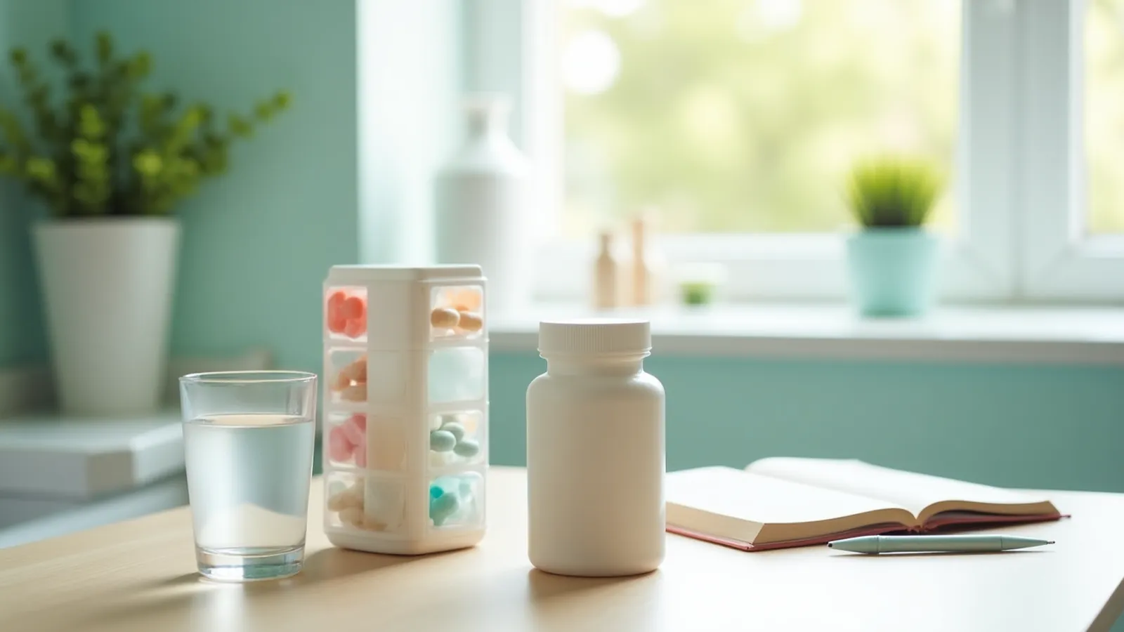 An unlabeled probiotic bottle beside a pill organizer, illustrating oral probiotic interactions medication.
