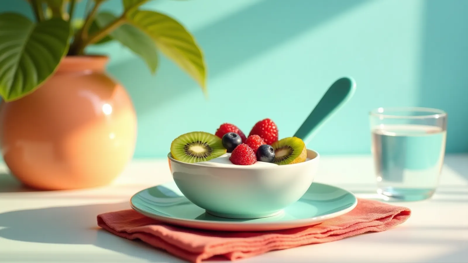 A bowl of yogurt with berries and kiwi on a sunny breakfast table