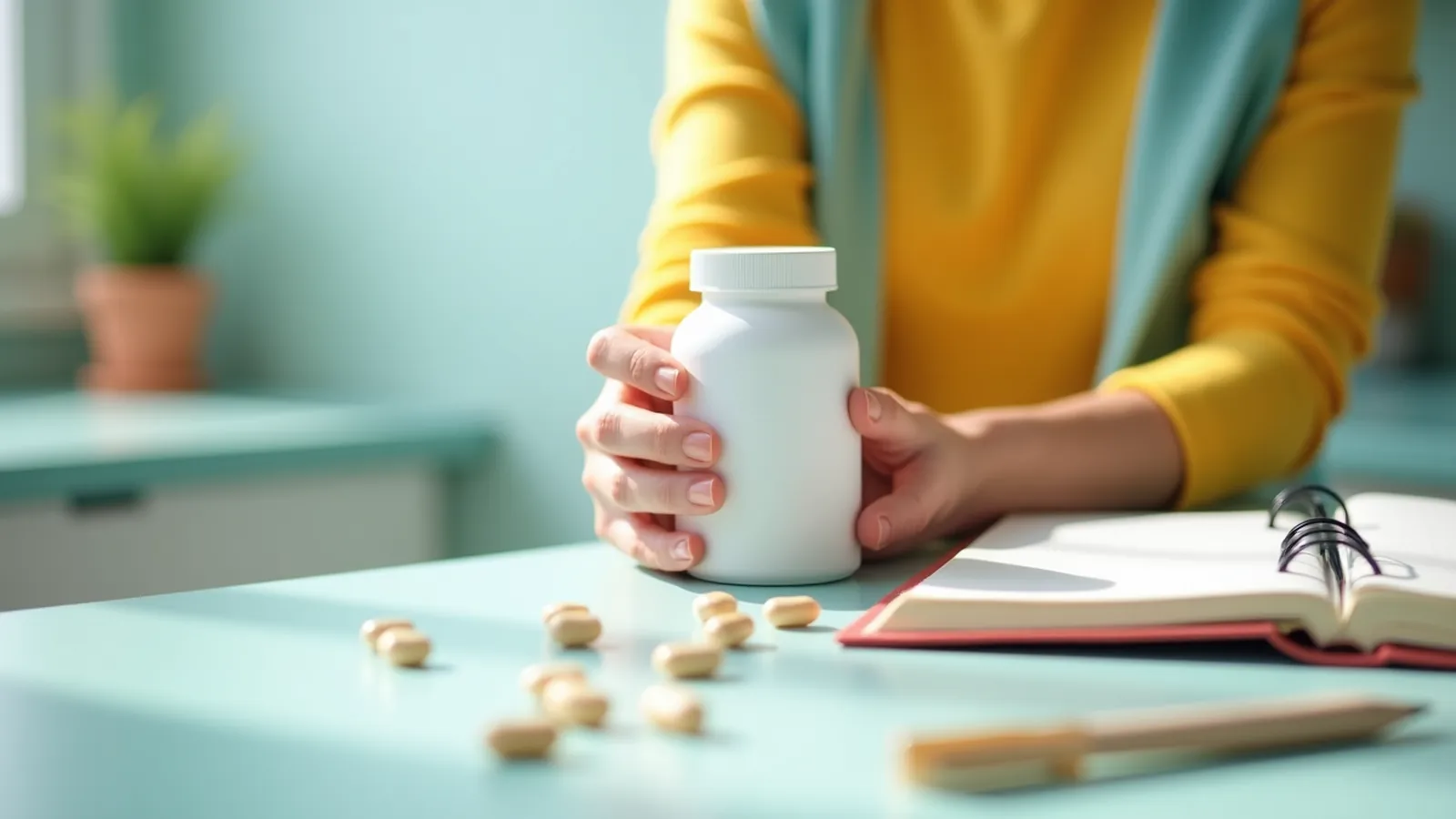 Hands holding a plain supplement bottle over a notebook on a kitchen counter
