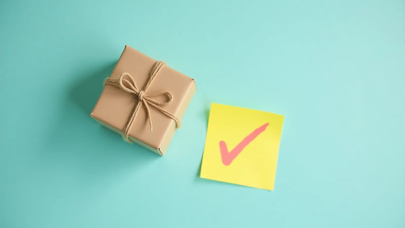 An unmarked parcel and a yellow sticky note with a coral check mark on a sky-blue surface
