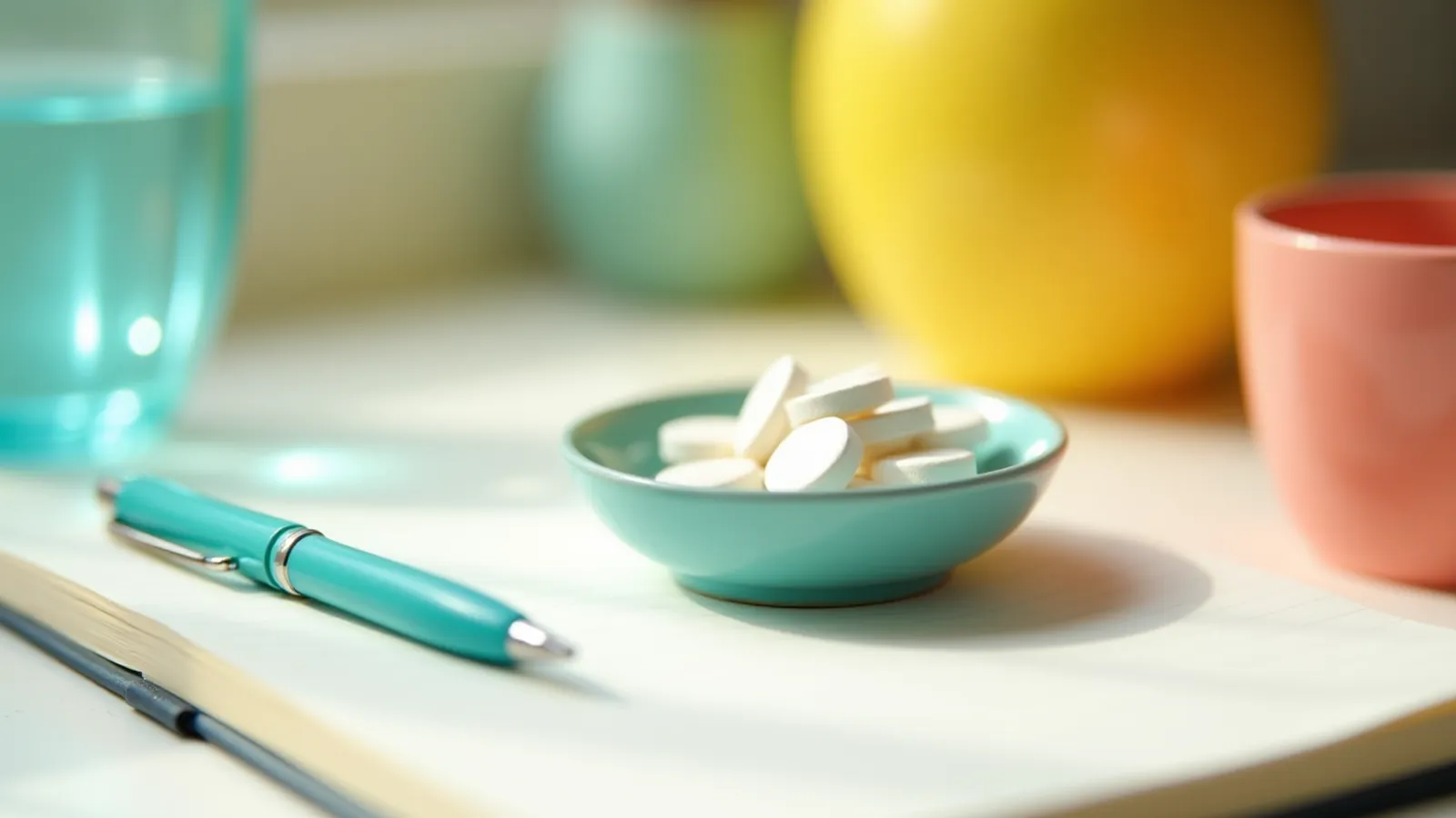 Plain white chewable tablets in a teal dish beside an open notebook and a glass of water