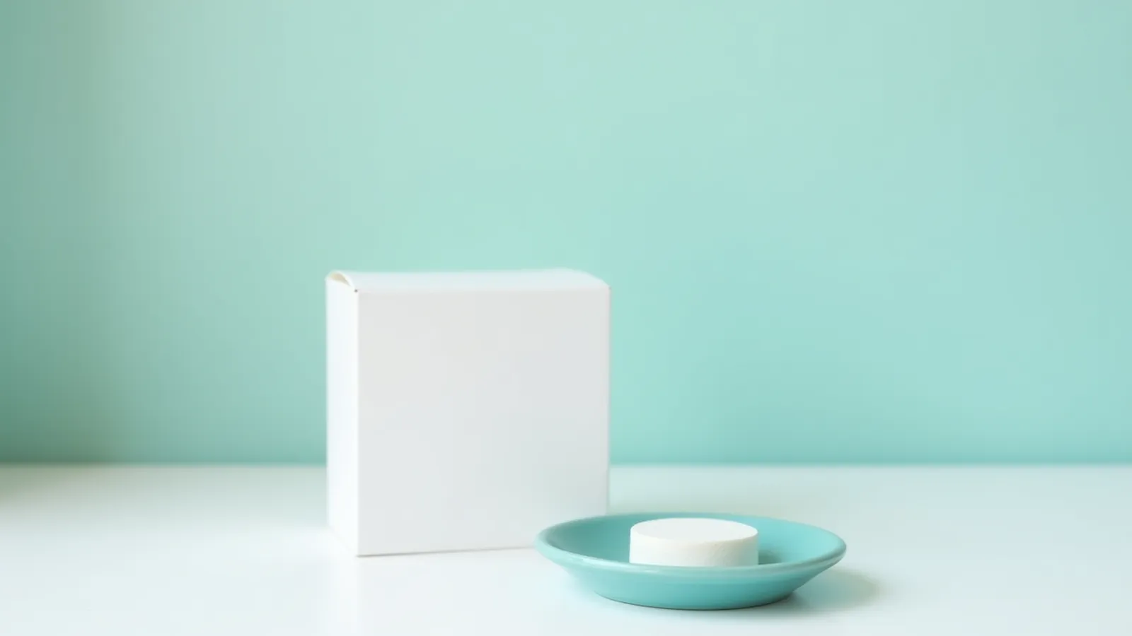 One plain white chewable tablet on a teal saucer beside a blank box